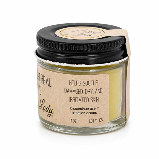 1 oz soothing herbal salve from The Salvy Lady, natural bath and body product with herbal ingredients in a small jar.