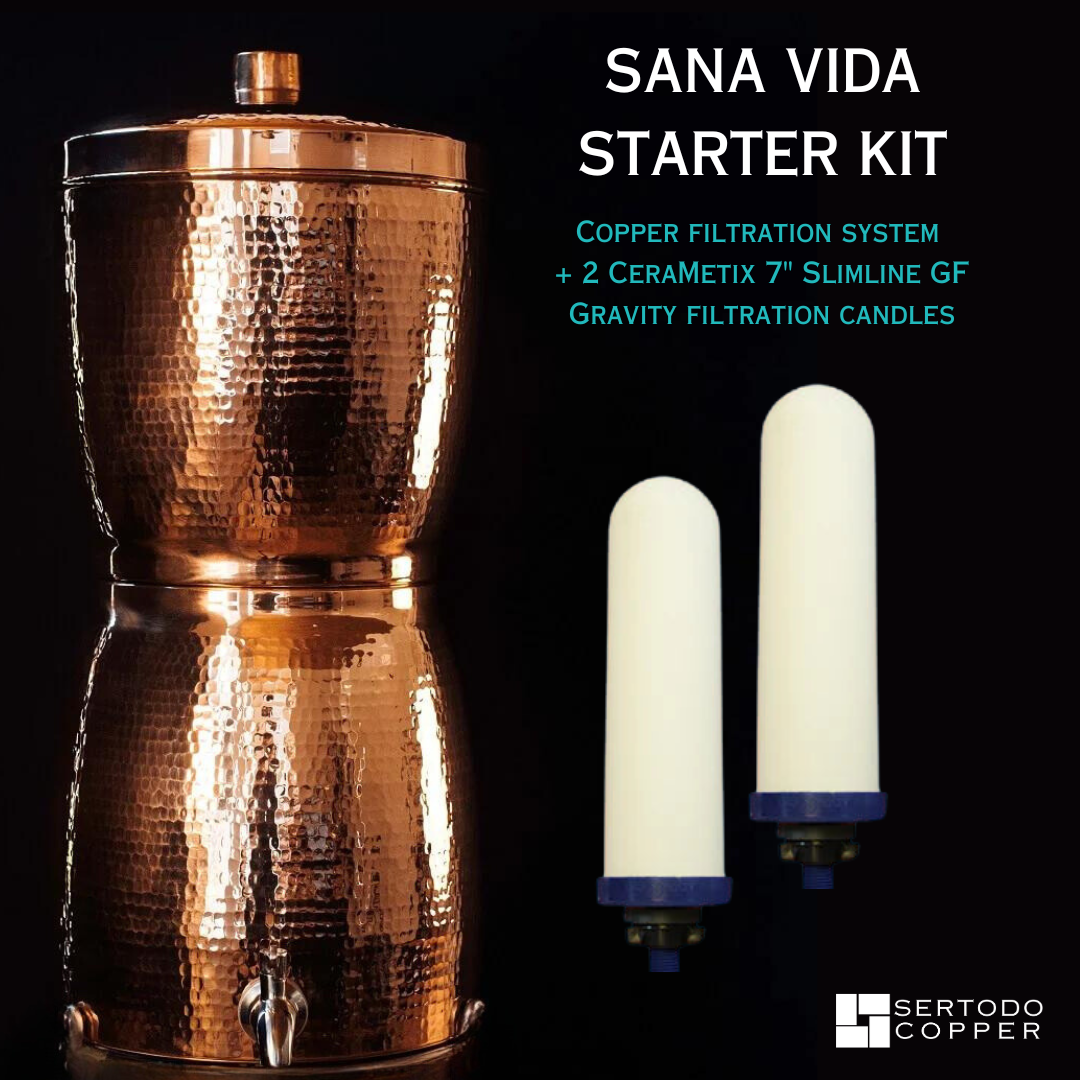 Sana Vida copper water dispenser from Sertodo with a sleek design, part of the Sana Vida starter kit for clean, filtered water.