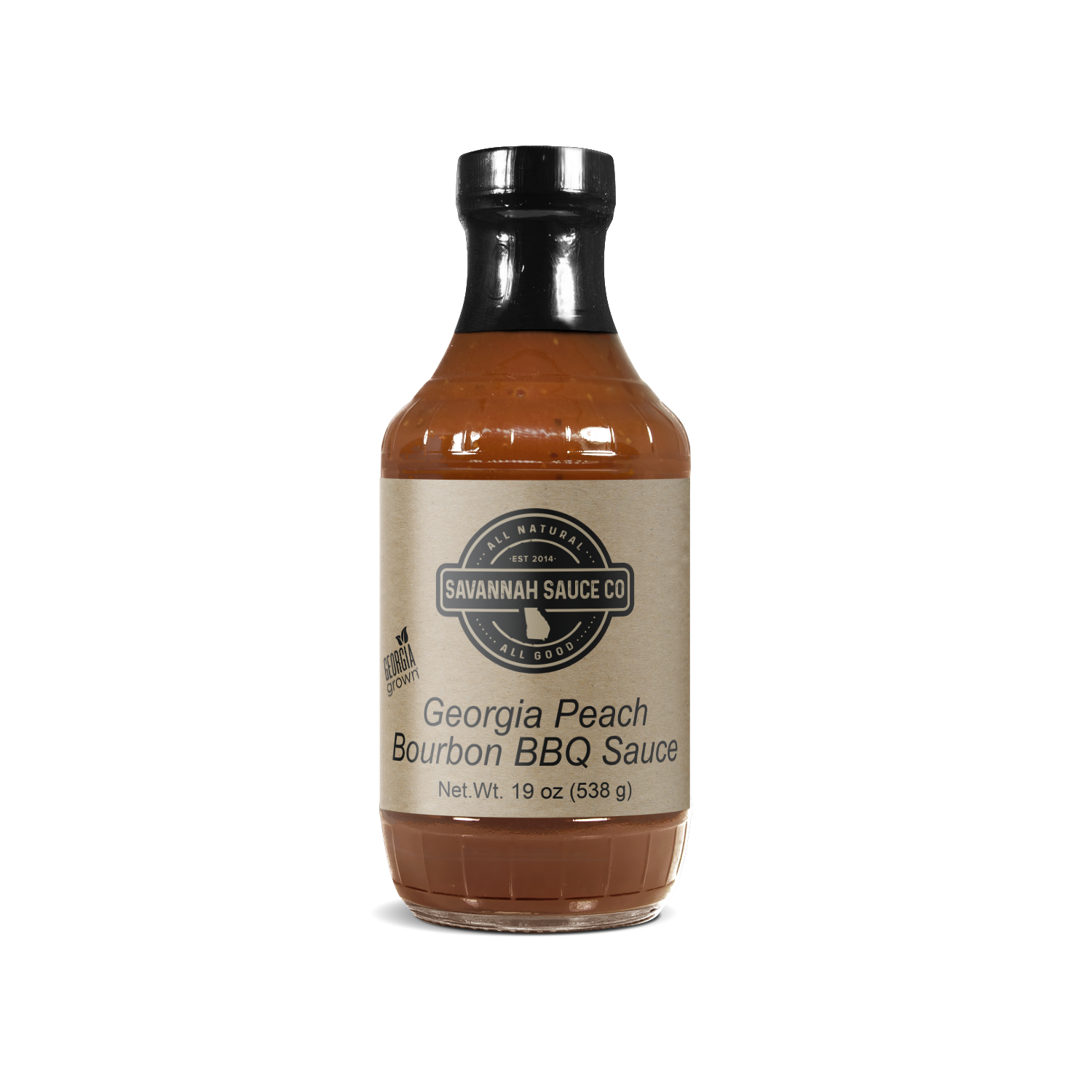 Georgia Peach Bourbon BBQ Sauce from SavannahSauceCompany, 12-pack case, rich peach and bourbon flavor in a savory BBQ sauce.