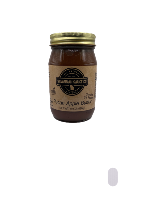 SavannahSauceCompany seasonal pecan apple butter in a 19 oz jar, rich fruit butter with pecans and apples for spreading and baking.