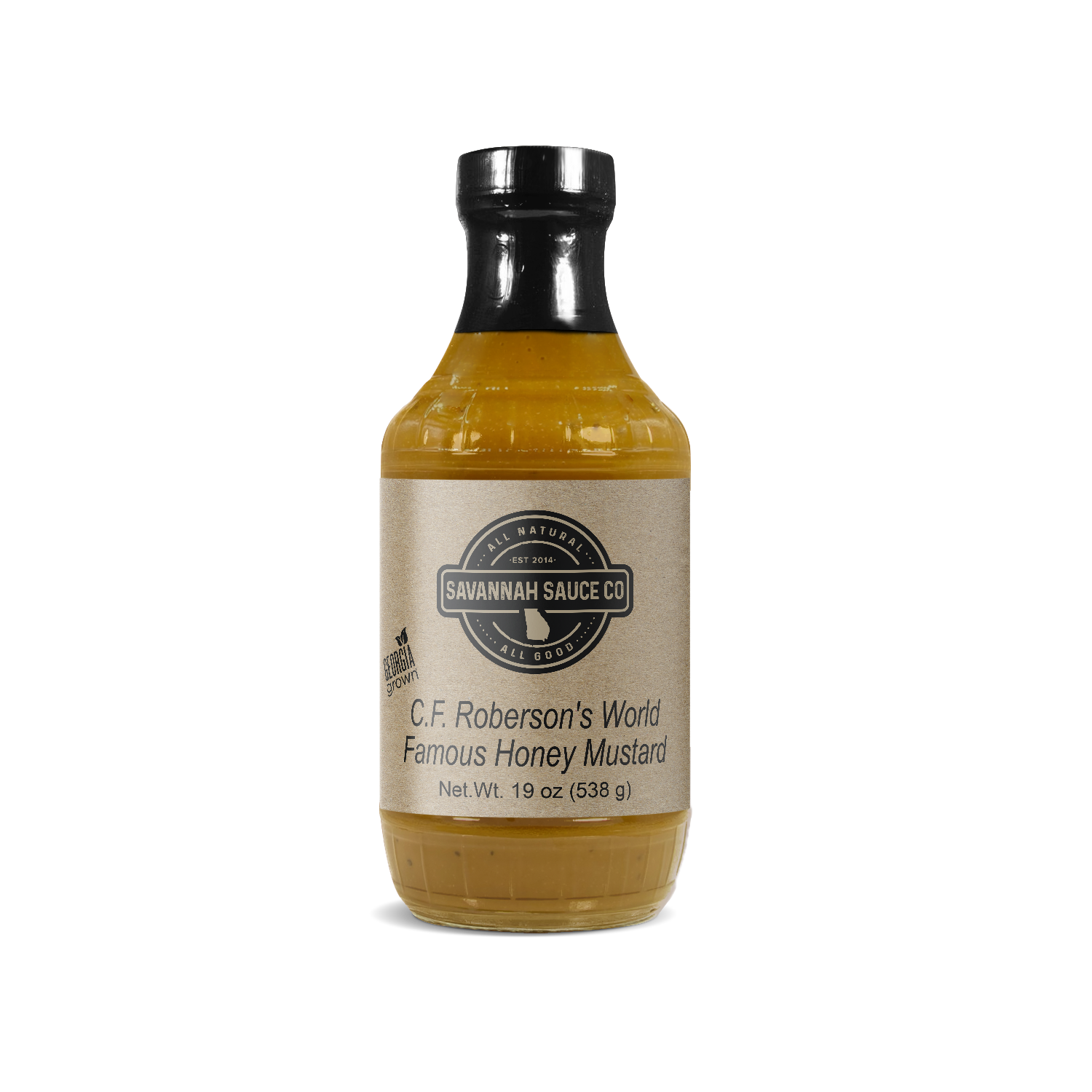SavannahSauceCompany gourmet honey mustard sauce in a jar with a label, showcasing C.F. Roberson’s World Famous Honey Mustard.