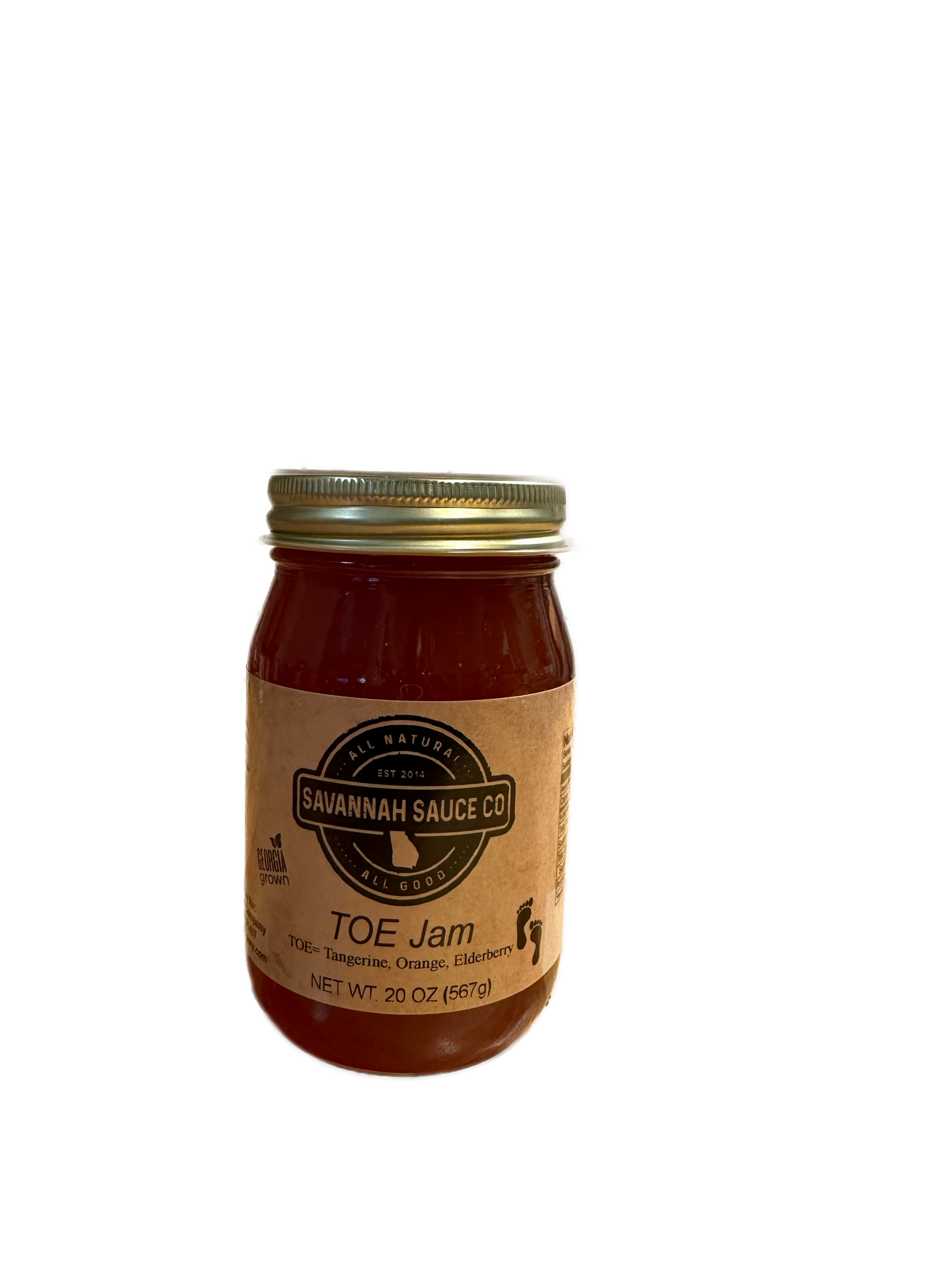 SavannahSauceCompany New Toe Jam gourmet sauce with tangerine, orange, and elderberry, in a glass jar with a colorful label.