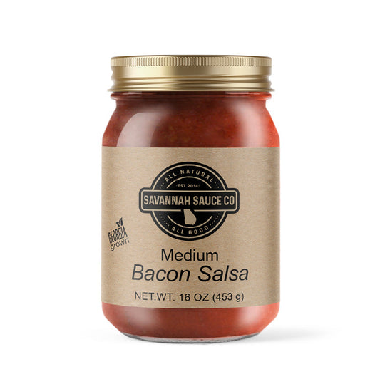 Bacon salsa from SavannahSauceCompany featuring chunky salsa with crispy bacon pieces and fresh ingredients in a bowl