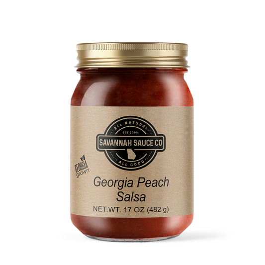 SavannahSauceCompany Georgia Peach Salsa 12-pack case, vibrant jar with fresh peach and tomato ingredients visible.