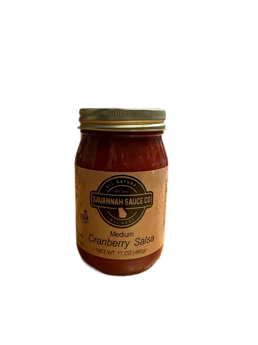 Case of SavannahSauceCompany seasonal cranberry salsa in vibrant glass jars, showcasing fresh cranberries and flavorful ingredients.