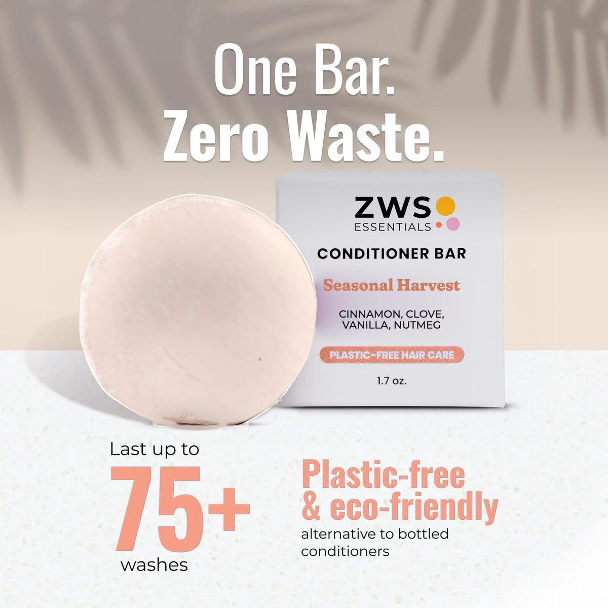 Seasonal Harvest plastic-free conditioner bar by ZeroWasteStore.com, shown with natural packaging and textured surface, for 75 washes.