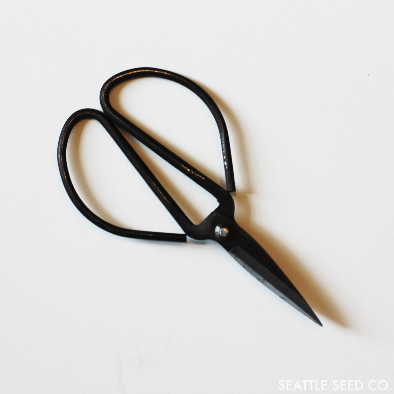 Forged steel pruners from Seattle Seed Company with ergonomic handles, ideal for pruning garden branches.