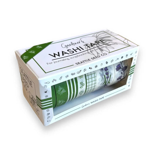Seattle Seed Company Gardener's Washi Tape Crafting and Scrapbooking Set with 7 colorful tape rolls, each 10 meters long.