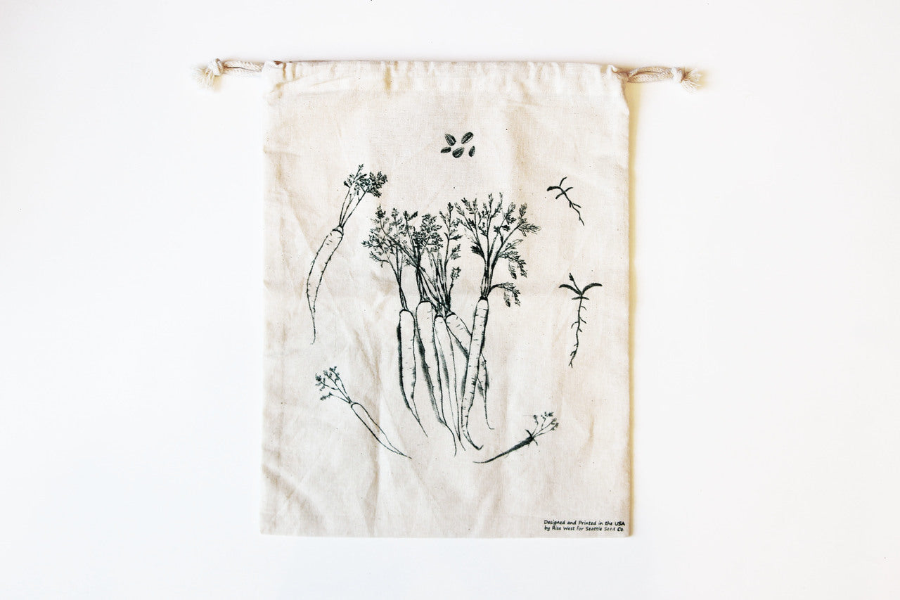 Reusable cotton produce bag from Seattle Seed Company, showing lightweight, breathable fabric with drawstring closure for fresh fruits and vegetables.