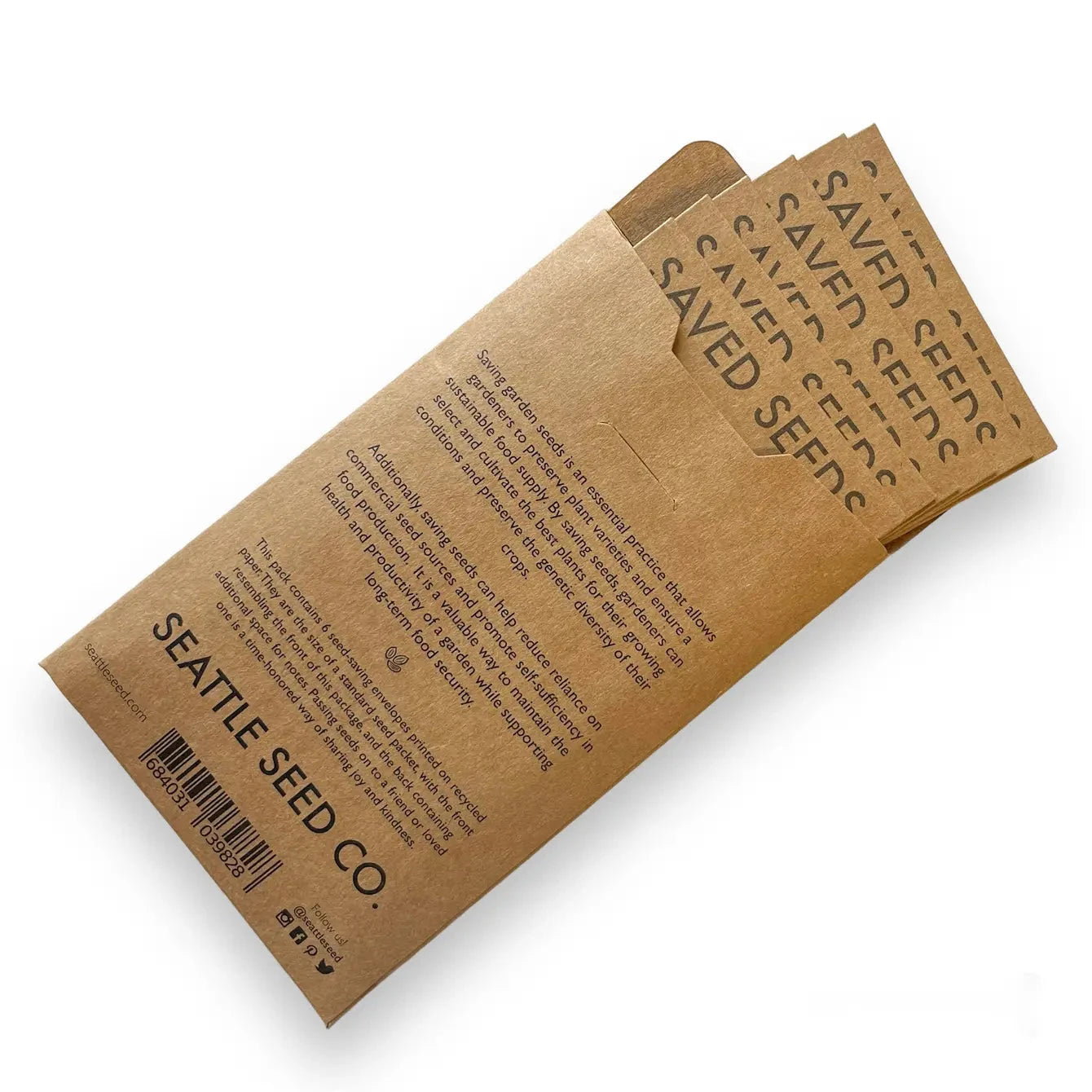 Seed saving envelopes from Seattle Seed Company for storing and organizing garden seeds, with secure paper packaging.