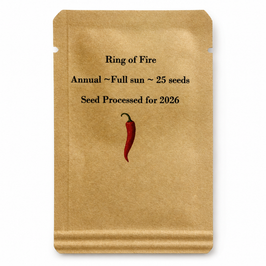 Packet of 25 Steep Hill Garden Ring of Fire Pepper Seeds, spicy cayenne annual vegetable in full sun, with colorful seed packet design.