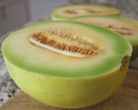 Packet of Earli Dew Hybrid Honeydew Seeds from Seeds 'n Such, showing 8 to 10 seeds in a clear packet.