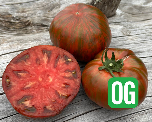 Bulk Beefy Purple Tomato Seeds from Seeds 'n Such, showing vibrant purple tomato seed packets and fresh seed details.