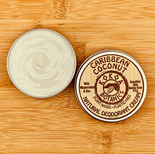 KOKOA BOTANICS Caribbean Coconut natural deodorant cream in 2.5 oz jar, suitable for sensitive skin, baking soda free