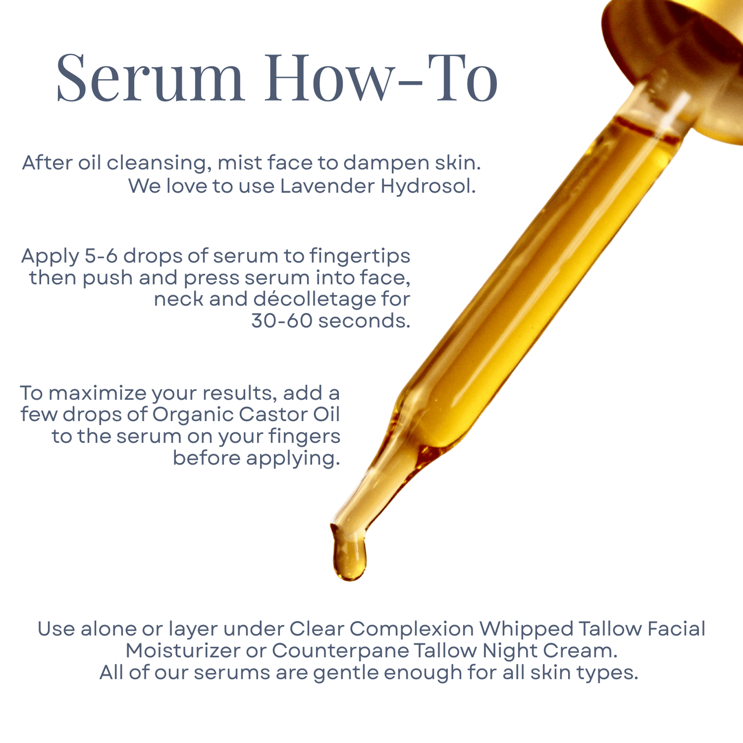 Clara & Fritz Tallow Shop Serenity Calming Facial Serum in a clear bottle with dropper, showing application instructions on a white background.