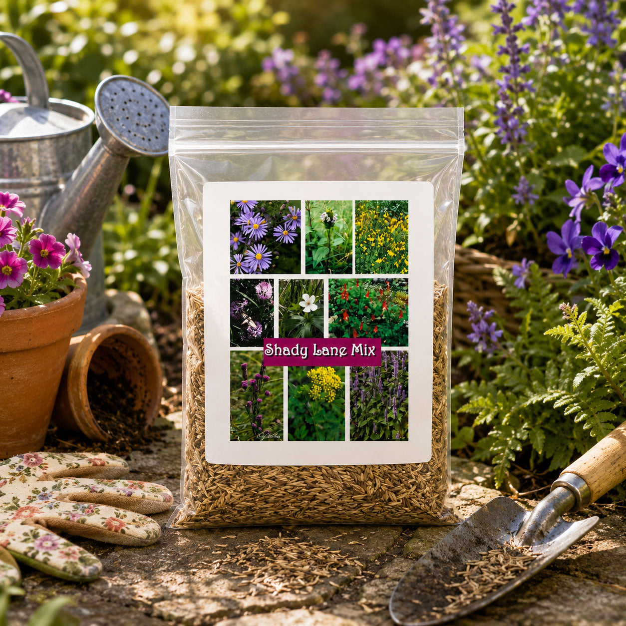 Shady Lane Native Wildflower Seed Mix in 2.88 oz package, featuring diverse prairie wildflowers for home and garden planting.