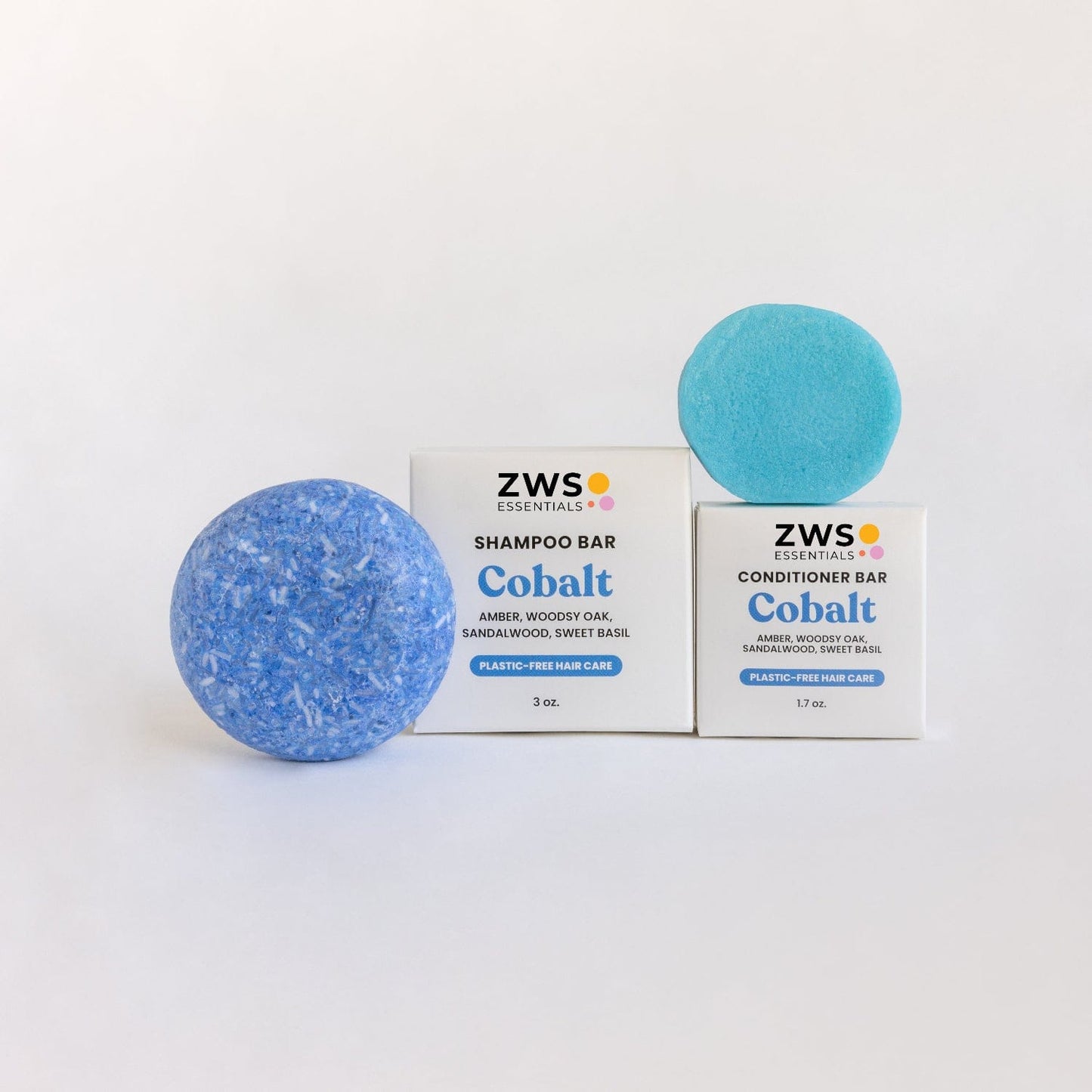 ZeroWasteStore.com shampoo and conditioner bar duo in cobalt scent, eco-friendly natural hair care set with soap bars.