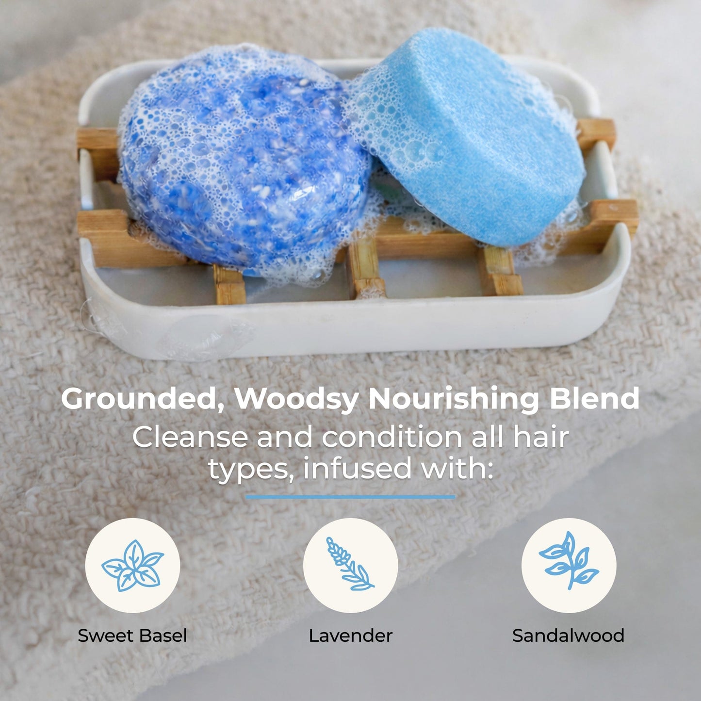 ZeroWasteStore.com shampoo and conditioner bar duo set with cobalt-colored bars in reusable packaging.