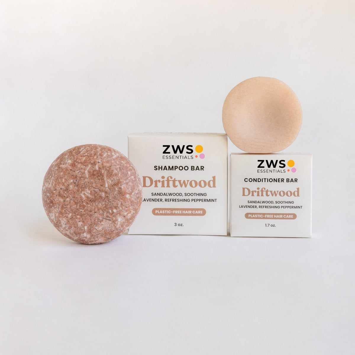 ZeroWasteStore.com shampoo and conditioner bar duo with driftwood scent, eco-friendly packaging, ideal for sustainable hair care.
