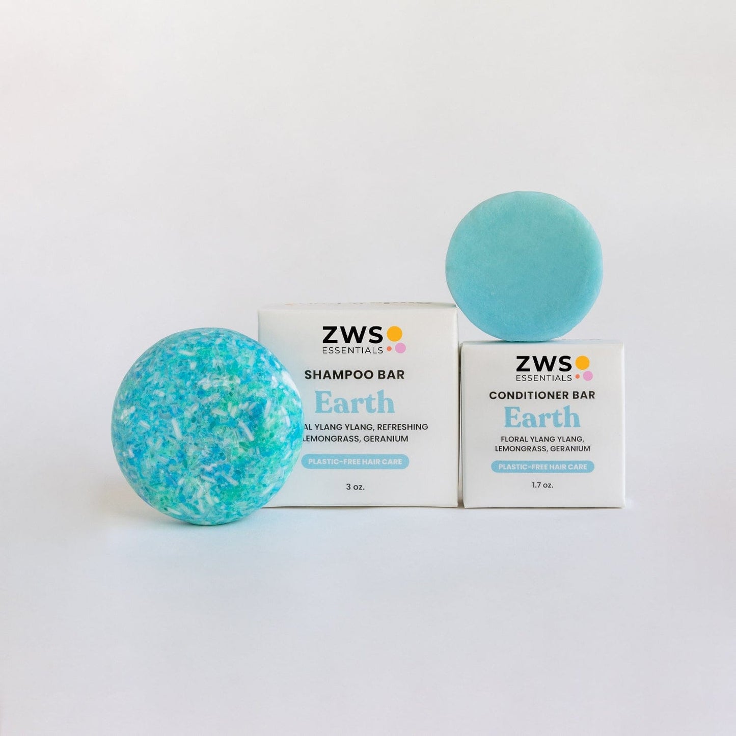 ZeroWasteStore.com shampoo and conditioner bar duo with Earth scent, natural solid hair care set in eco-friendly packaging