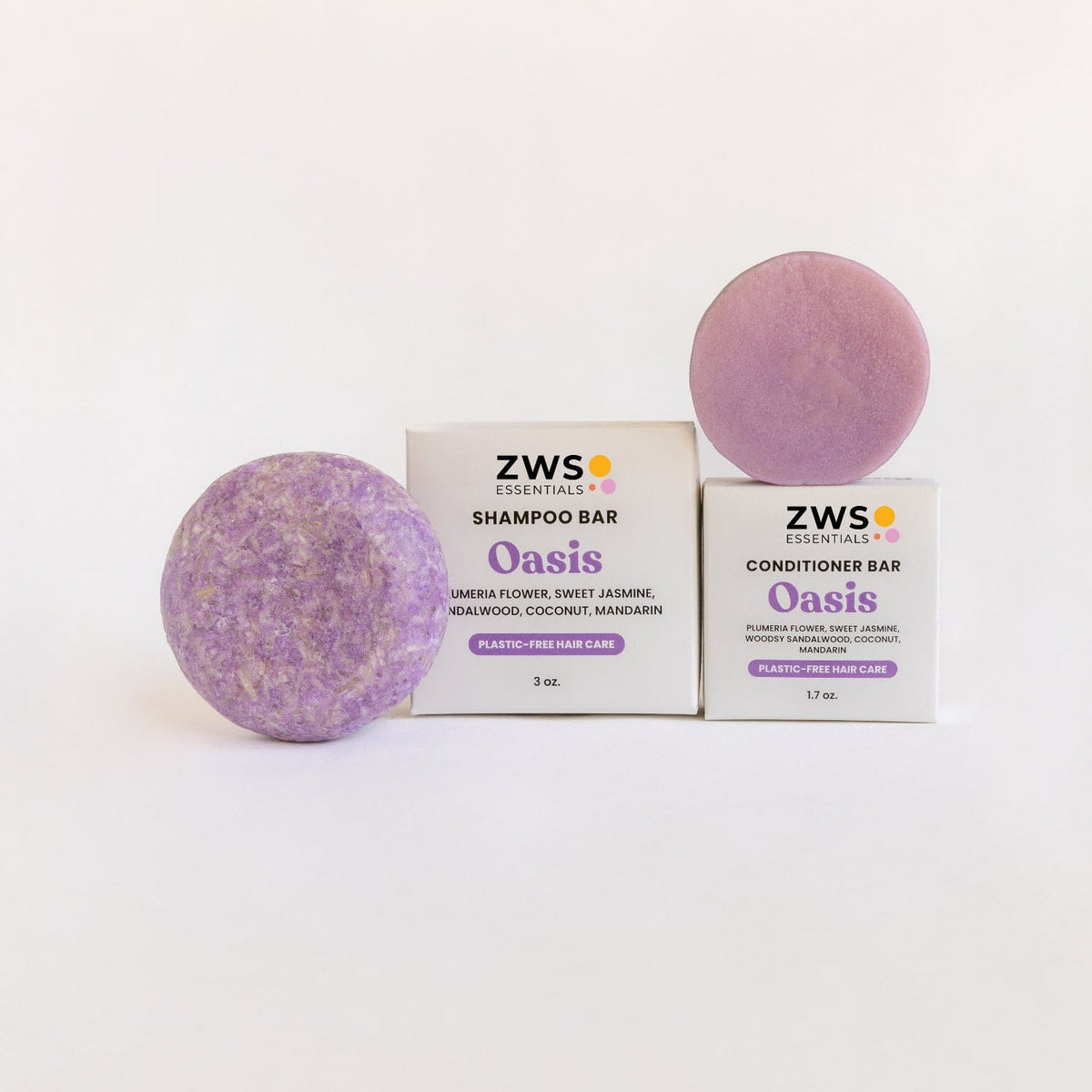 ZeroWasteStore.com shampoo and conditioner bar duo with oasis scent, eco-friendly shampoo and conditioner sets in a natural bundle.