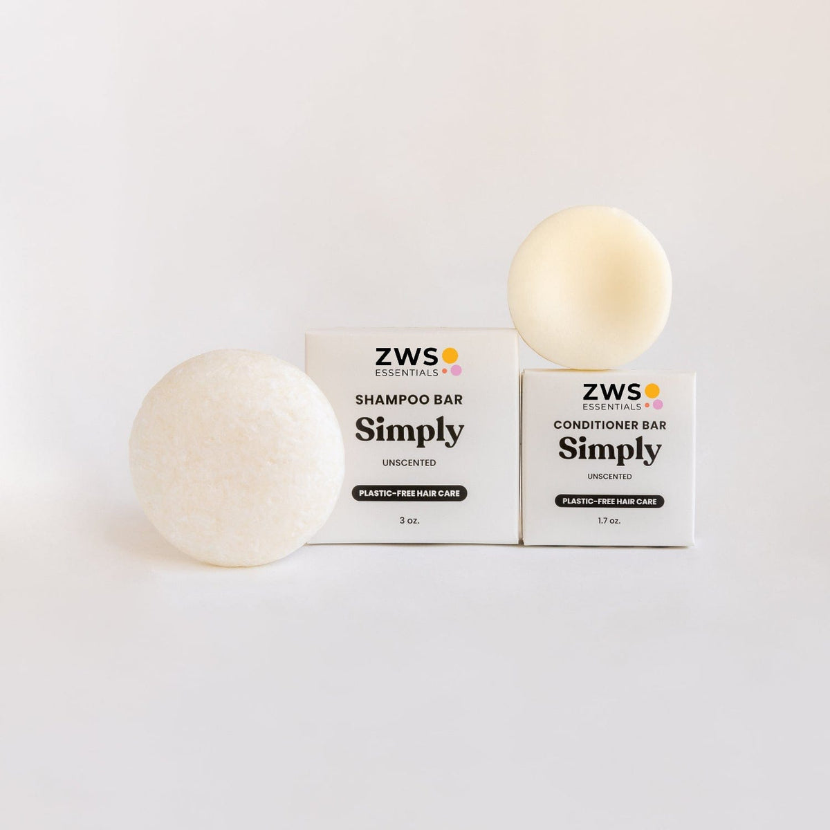 ZeroWasteStore.com shampoo and conditioner bar duo with simple, unscented design, eco-friendly hair care set.