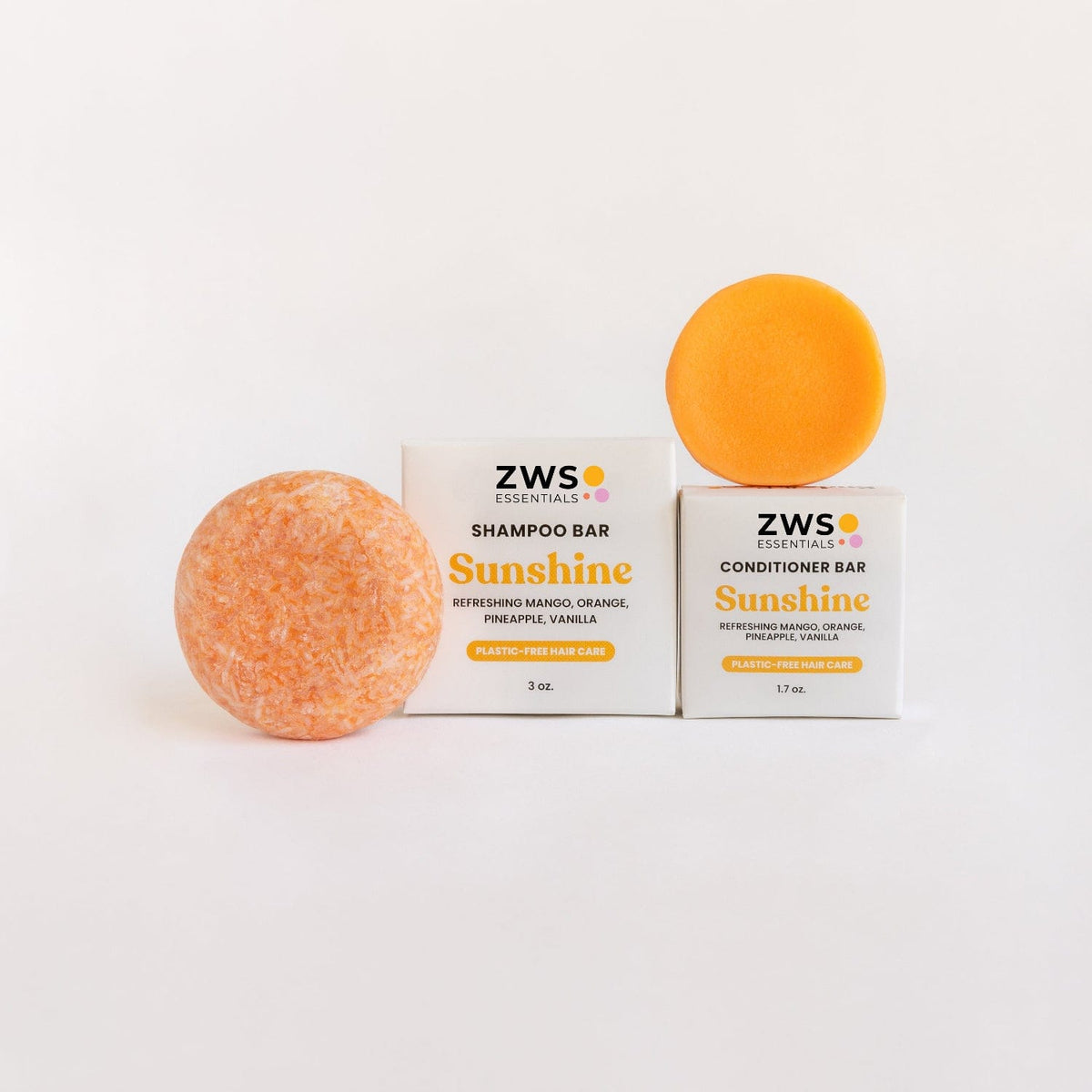 ZeroWasteStore shampoo and conditioner bar duo set with Sunshine scent, eco-friendly hair care bundles in reusable packaging.