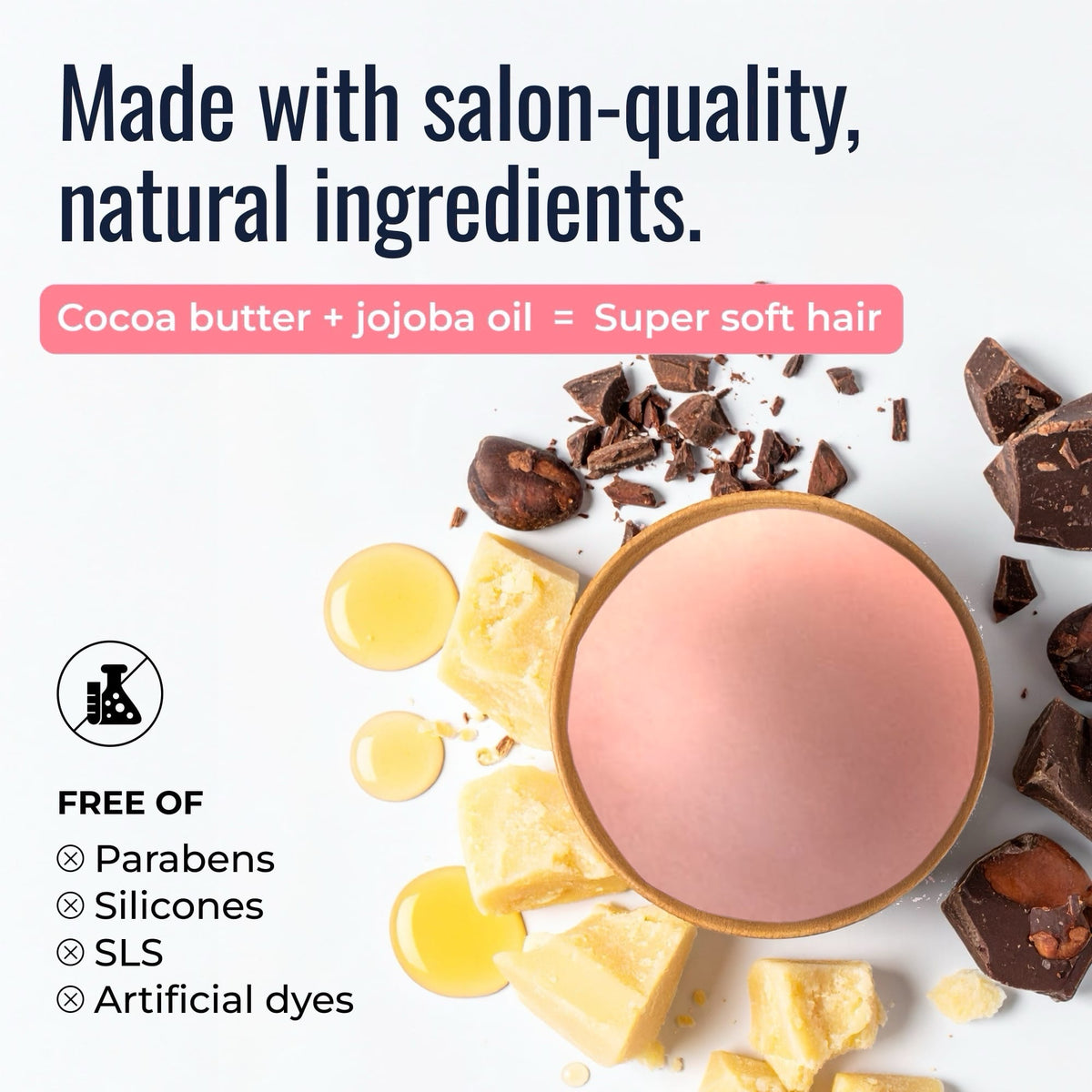 Natural shampoo and conditioner bar duo with cocoa butter and jojoba oil, eco-friendly packaging, and blossom scent.