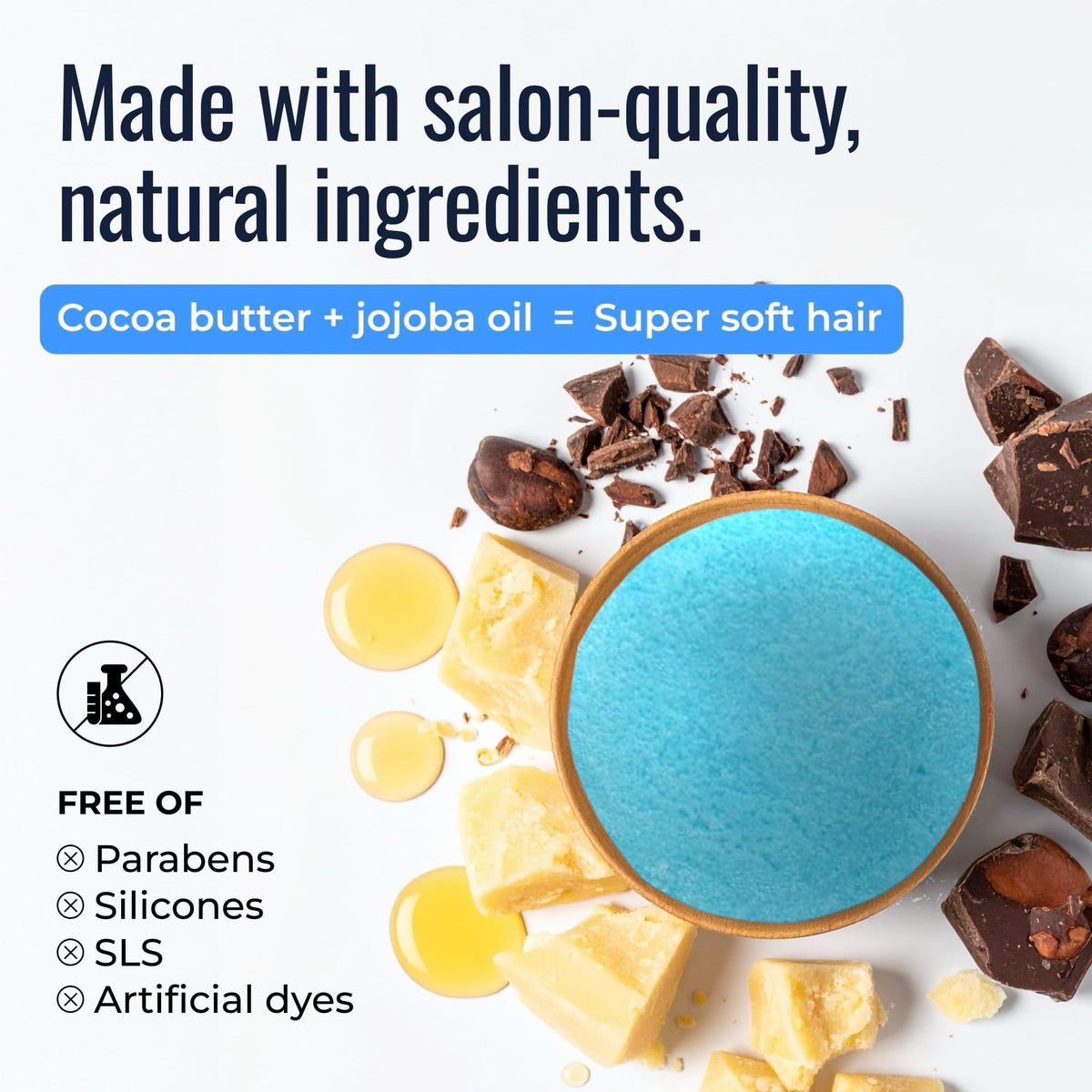 Shampoo and conditioner bar duo with natural cocoa butter and jojoba oil, featuring a cobalt scent, displayed on a white background.