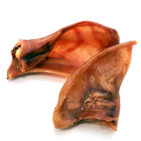 Dehydrated pig ears dog chews from Bear's Bites, natural single ingredient treats for dogs, shown in close-up.