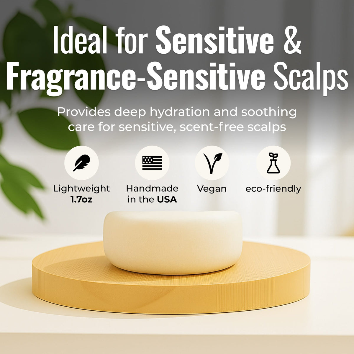 Simply Unscented Conditioner Bar for sensitive scalps from ZeroWasteStore.com, showing the natural, solid conditioner with minimal packaging.