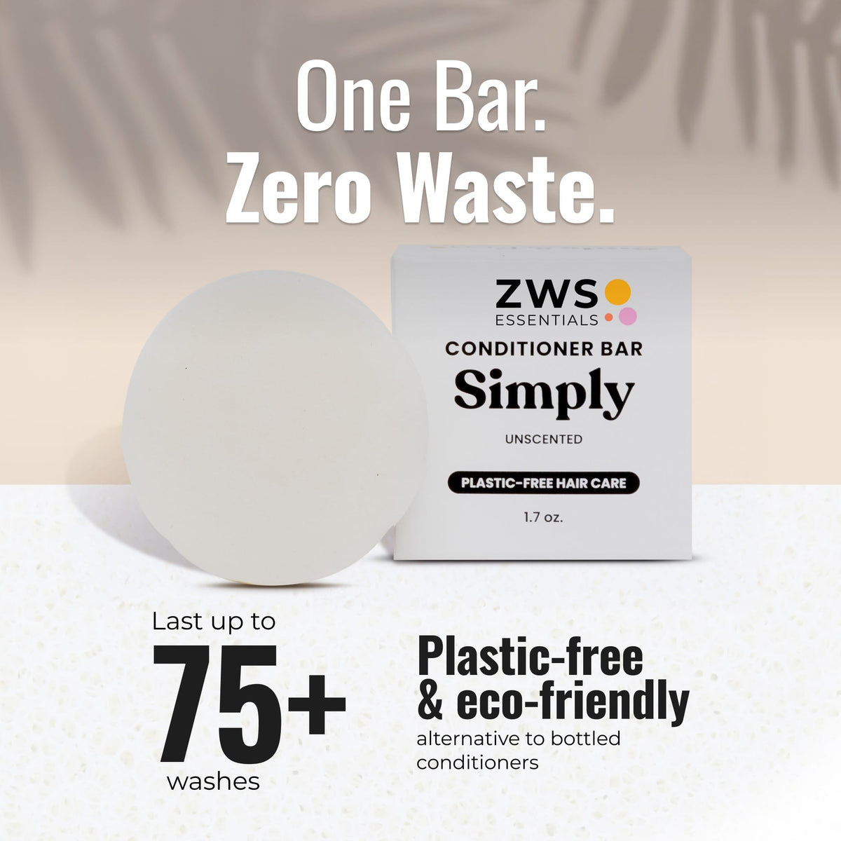 Simply Unscented ZeroWasteStore plastic-free conditioner bar for 75 washes, eco-friendly hair conditioner block.