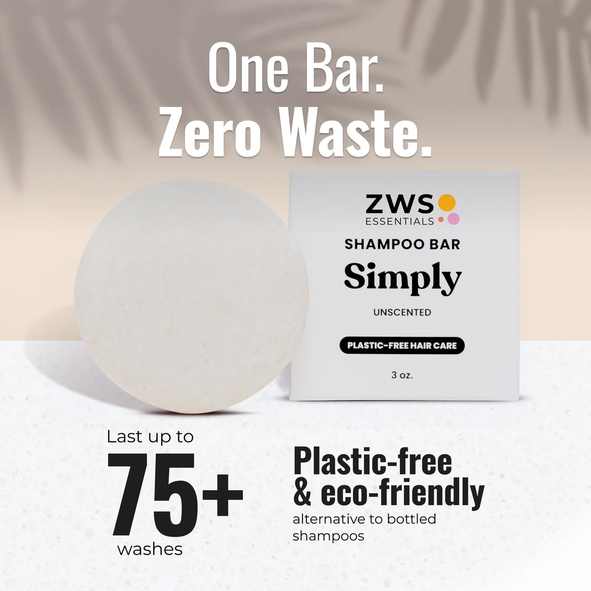 Simply unscented plastic-free shampoo bar by ZeroWasteStore.com, showing a natural, eco-friendly shampoo bar with minimal packaging.