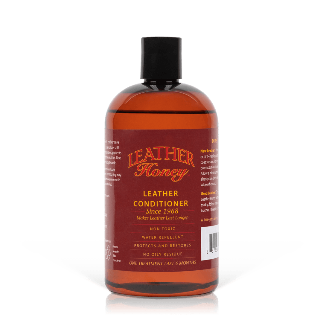 Leather Honey Leather Conditioner bottle, 16oz size, with label visible, designed to restore and maintain leather furniture and accessories.