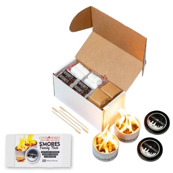 City Bonfires S'mores Family Pack outdoors set with marshmallows, graham crackers, and chocolate for camping and outdoor fun.
