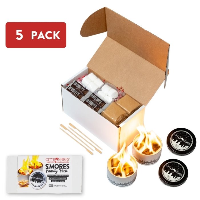 City Bonfires S'mores Family Pack for outdoor camping, includes marshmallows, graham crackers, and chocolate for outdoor s'mores.