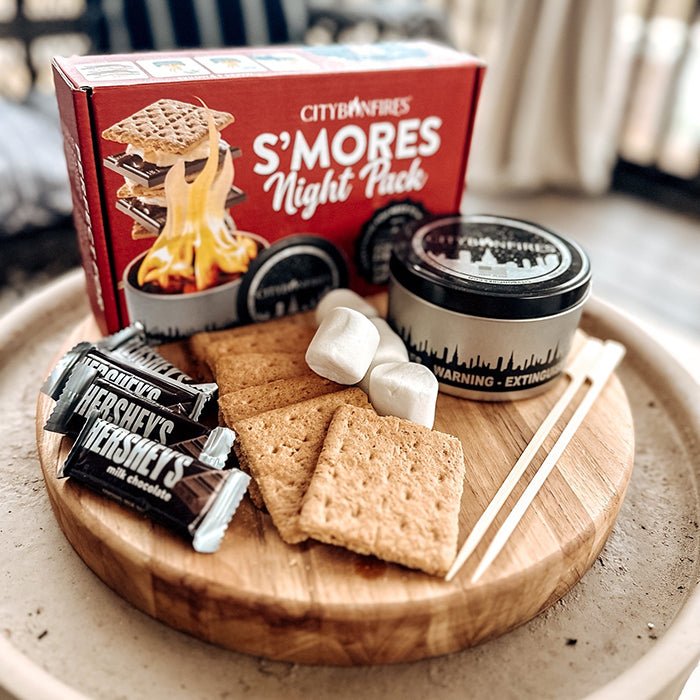 City Bonfires S'mores Night Pack outdoors set with marshmallows, graham crackers, and chocolate for outdoor s'mores enjoyment