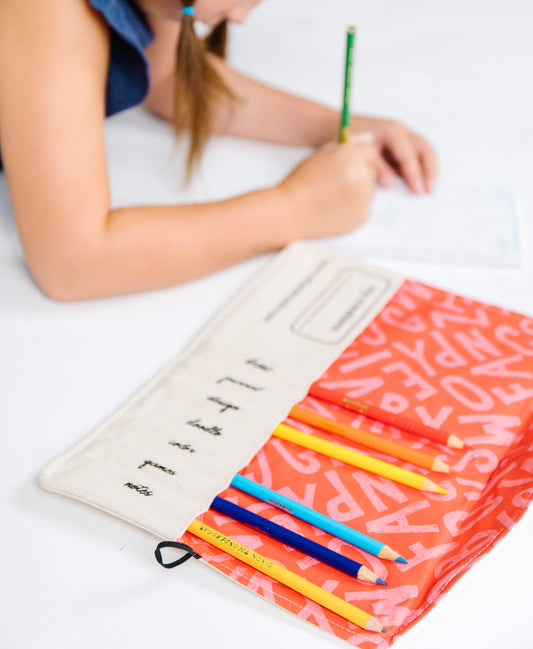 Red travel pencil case with a beautiful design, perfect for coloring supplies, by So Handmade Shop.