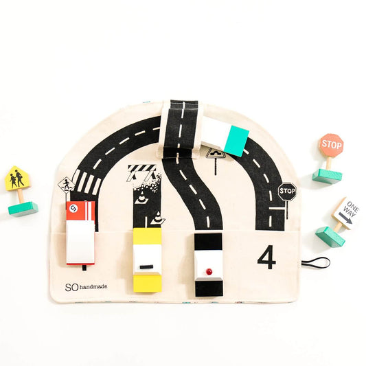 Blue car-themed playmat by So Handmade Shop, portable and easy to travel with, perfect for kids' playtime on the go.