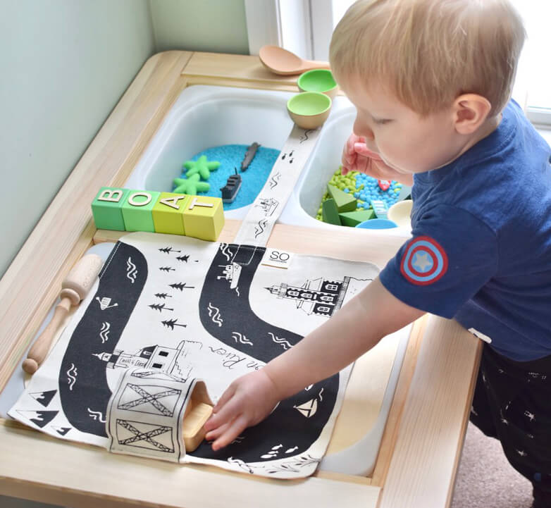 Blue Hudson River playmat by So Handmade Shop featuring river and boat illustrations, perfect for children's play area.