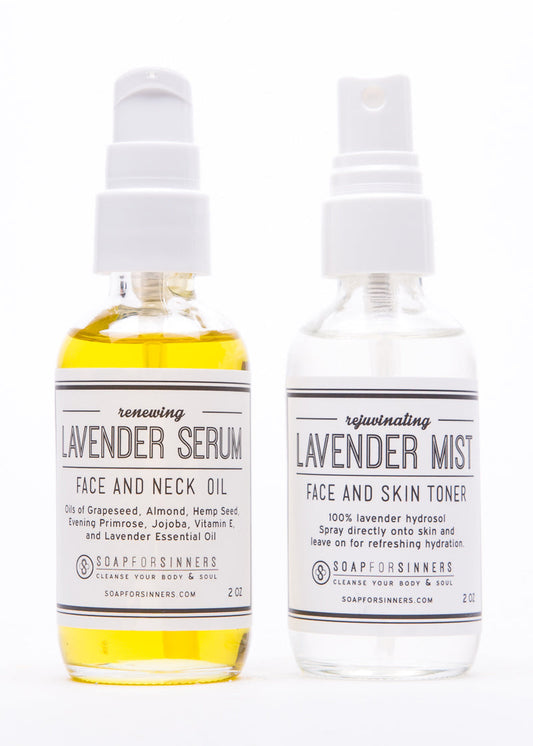 Soap for Sinners Mist & Serum Set with elegant bottles, featuring a luxurious mist and serum for skincare.