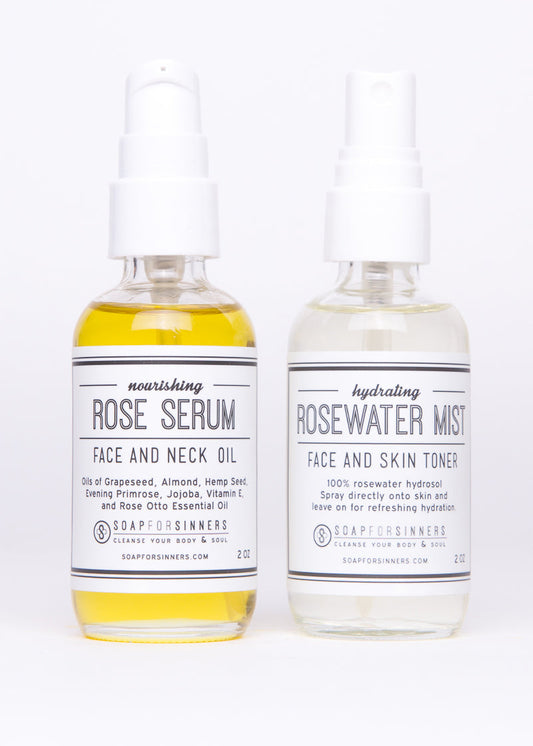 Soap for Sinners Mist & Serum Set featuring elegant bottles with mist spray and serum in a stylish packaging.