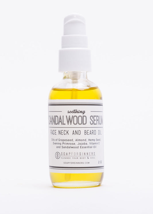 Sandalwood Serum from Soap for Sinners in a 2oz bottle, with a clear label and a minimalist design.