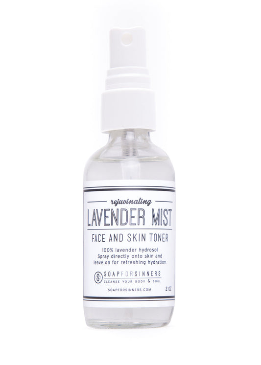 2oz bottle of Lavender Mist hydrosol by Soap for Sinners, featuring a clear label and lavender scent, for refreshing skincare use.