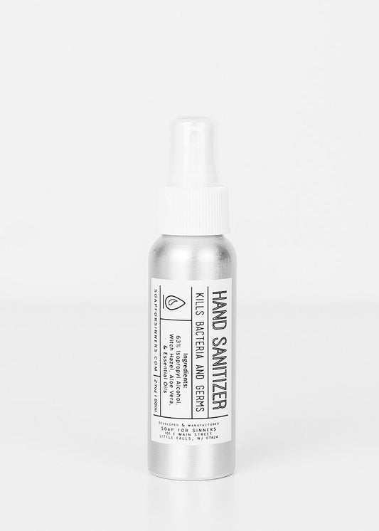 Soap for Sinners oil hand sanitizer in a 2 oz (60ml) bottle, clear liquid with a simple label, designed for hand hygiene.