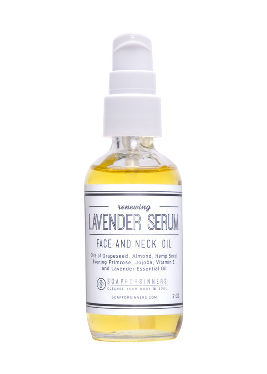Lavender serum oil in a 2oz bottle by Soap for Sinners, showcasing a calming lavender-infused skincare product.