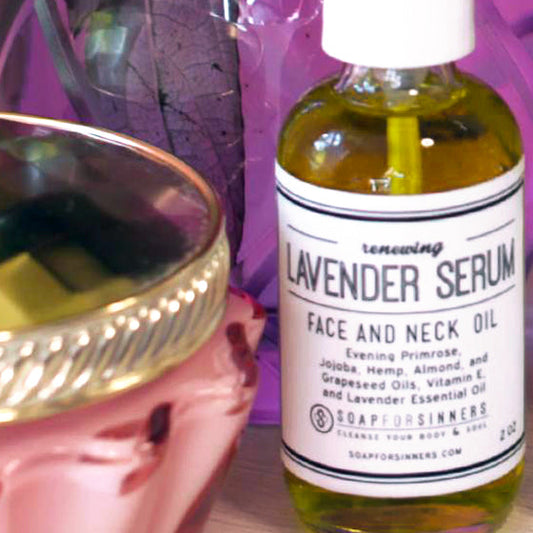 Lavender Serum oil by Soap for Sinners in a 2oz bottle, featuring a clear glass container with a dropper for skincare application.