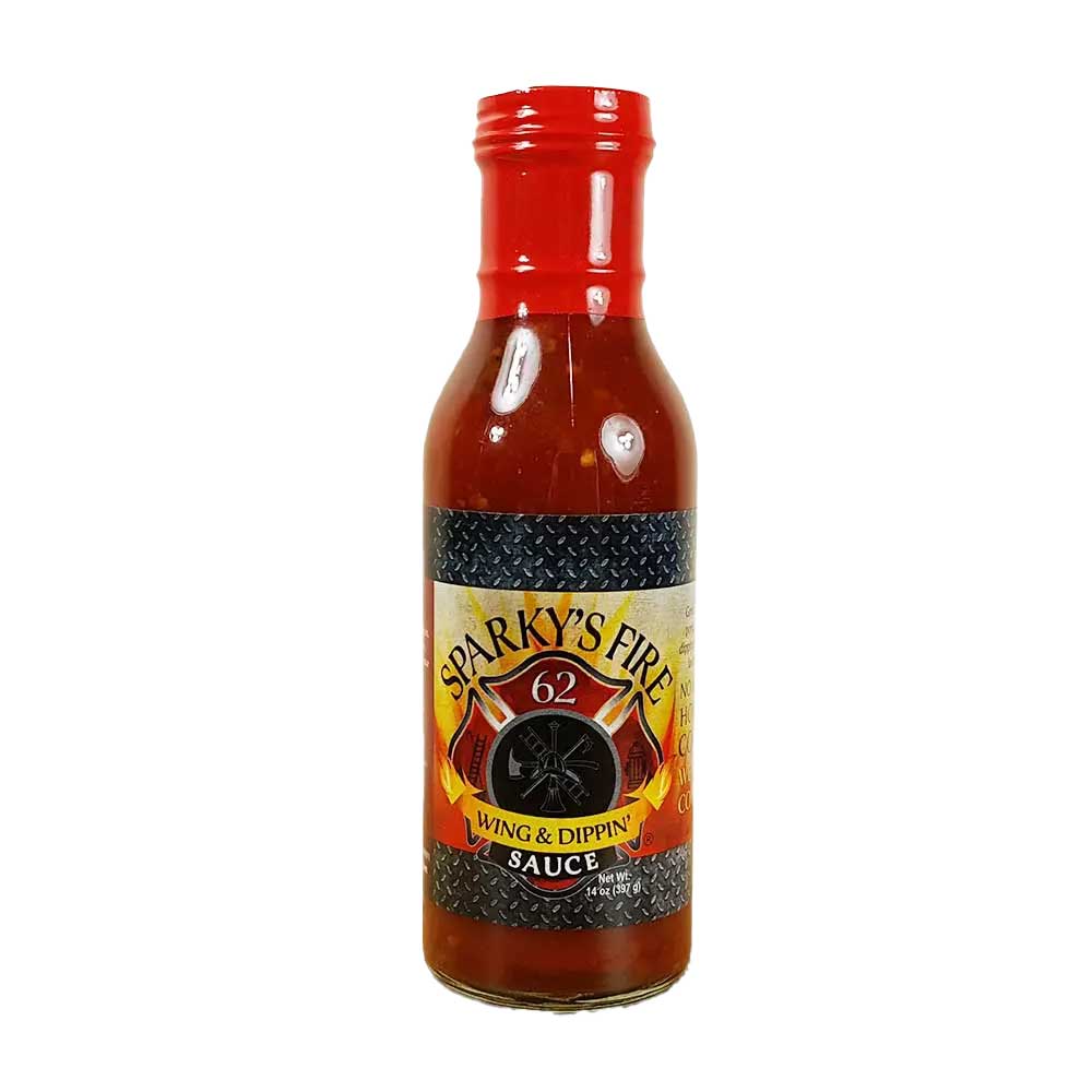 Sparky's Fire Wing & Dippin' Sauce in 14 oz jar, featuring fiery hot sauce with a bold flavor from Brenmar.