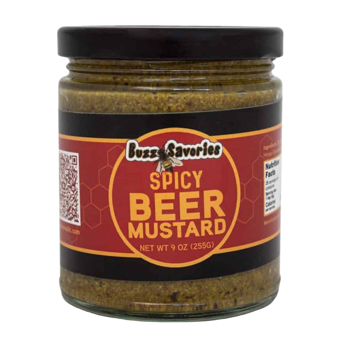 Spicy Beer Mustard in a 9 oz jar with a label, showcasing the flavorful condiment from Buzz Savories, LLC.