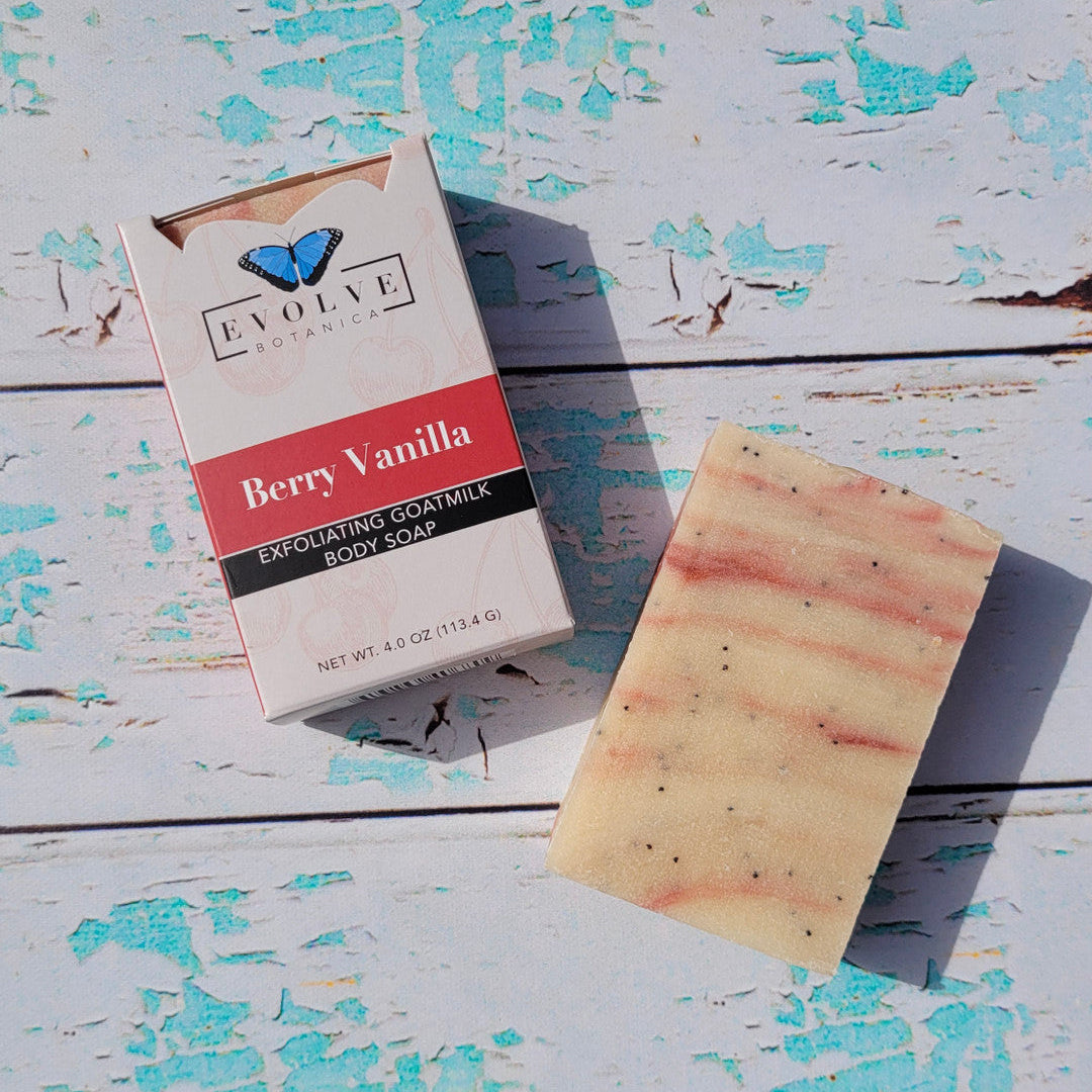 Evolve Botanica Berry Vanilla Goatmilk Soap bar with natural berry and vanilla scent, creamy texture and smooth surface.